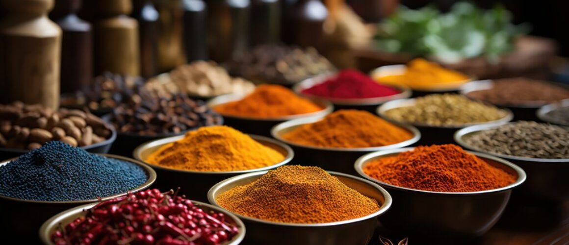 Varieties of spices and grains on a market table.