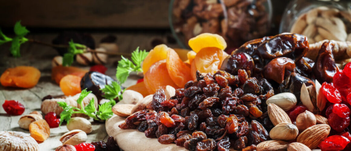 Raisins, dried grapes, dried fruit and nut mix, selective focus